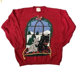 90s VTG Susan Bristol Scottish Terriers Christmas Sweater Crew Neck Pull Over Lg